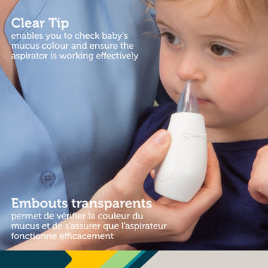 Baby using a nasal aspirator with text about clear tip functionality