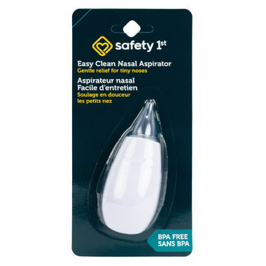 Safety 1st Easy Clean Nasal Aspirator in packaging, featuring a white ergonomic bulb and a clear, flexible tip for gentle suction.