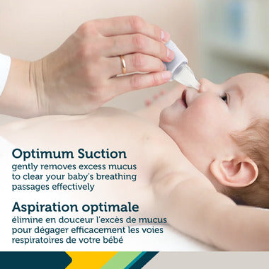 Baby being given a nasal aspirator by an adult hand with text about optimum suction.