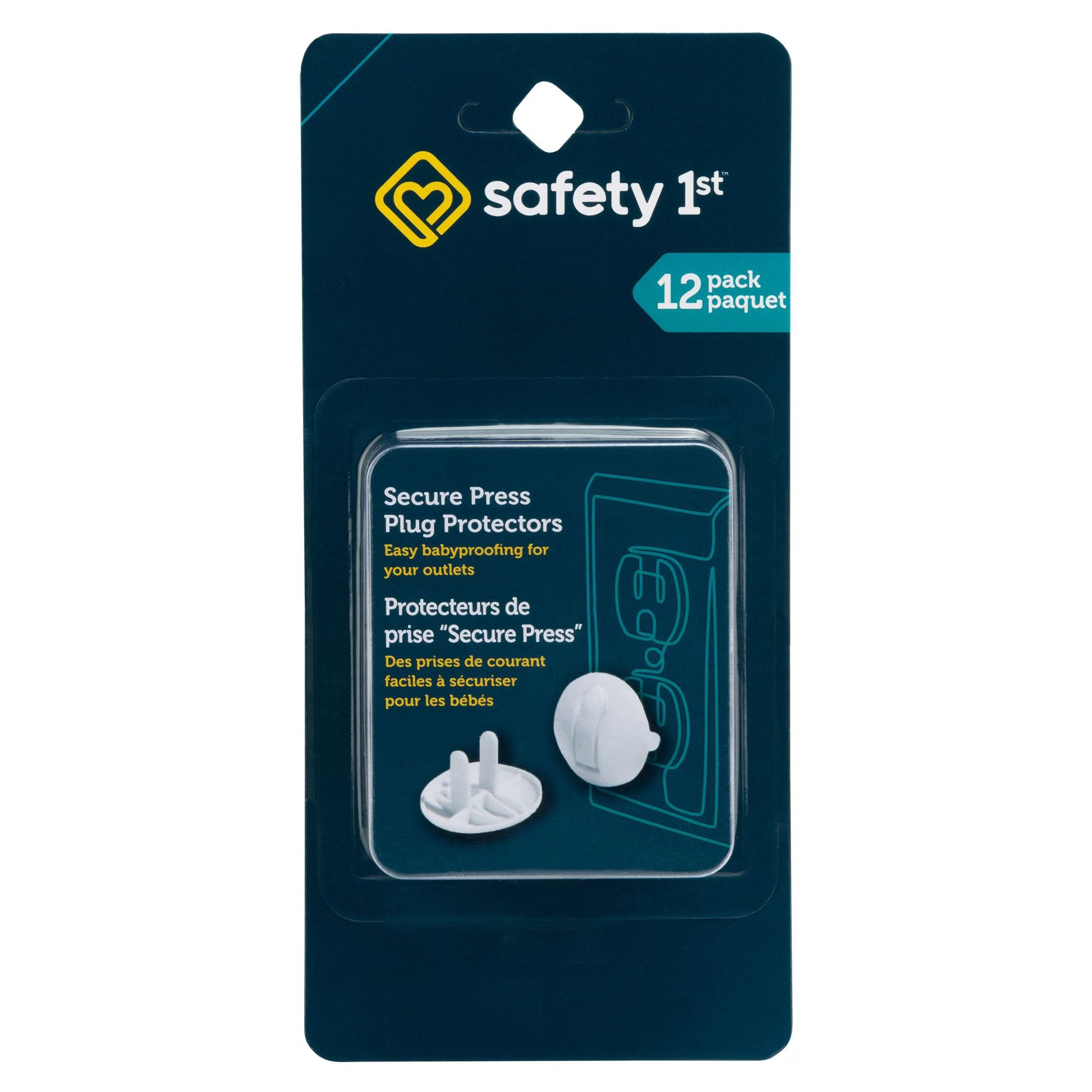 Safety 1st Secure Press white outlet plug protectors in a 12-pack retail blister card.