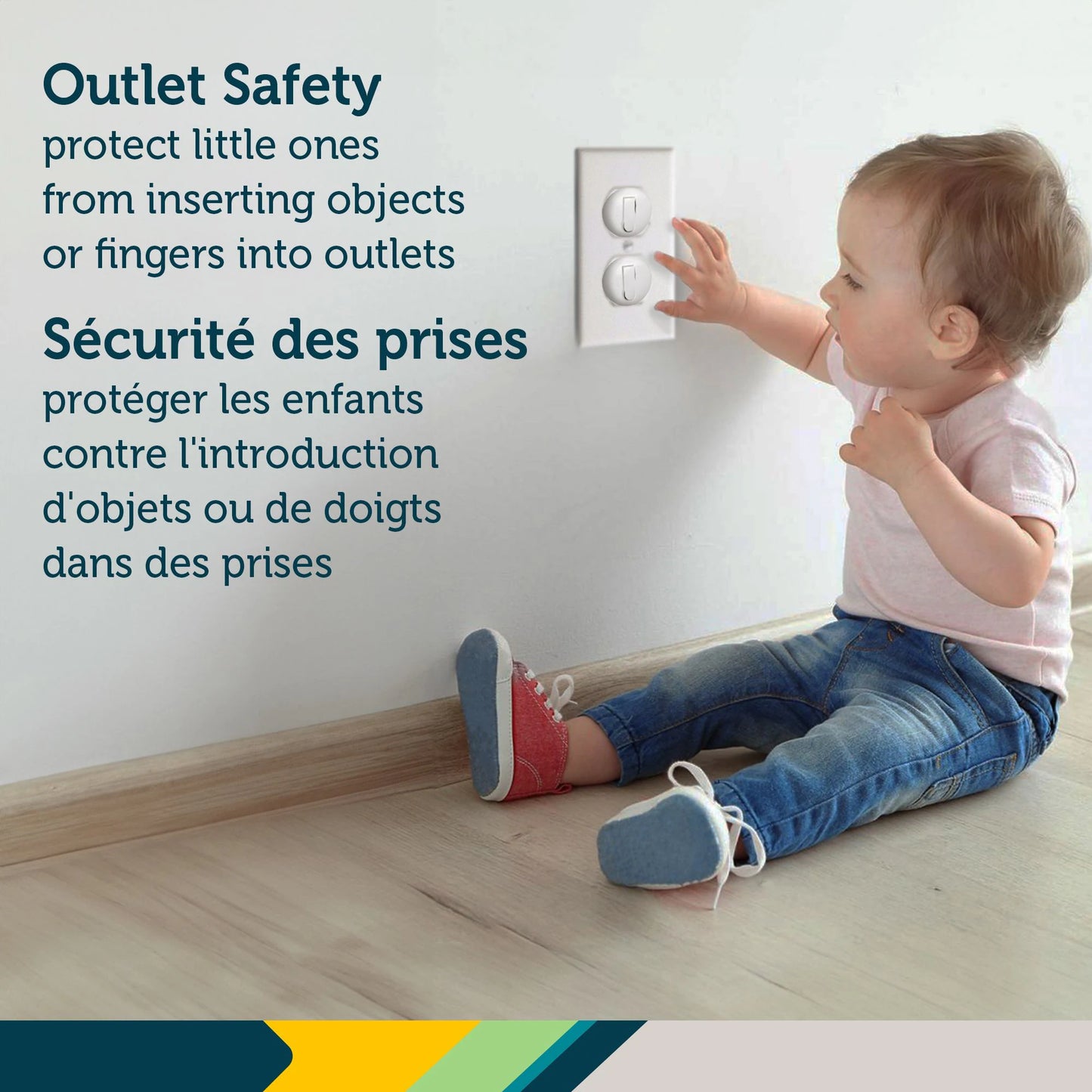 Child reaching for a wall outlet with safety text overlay