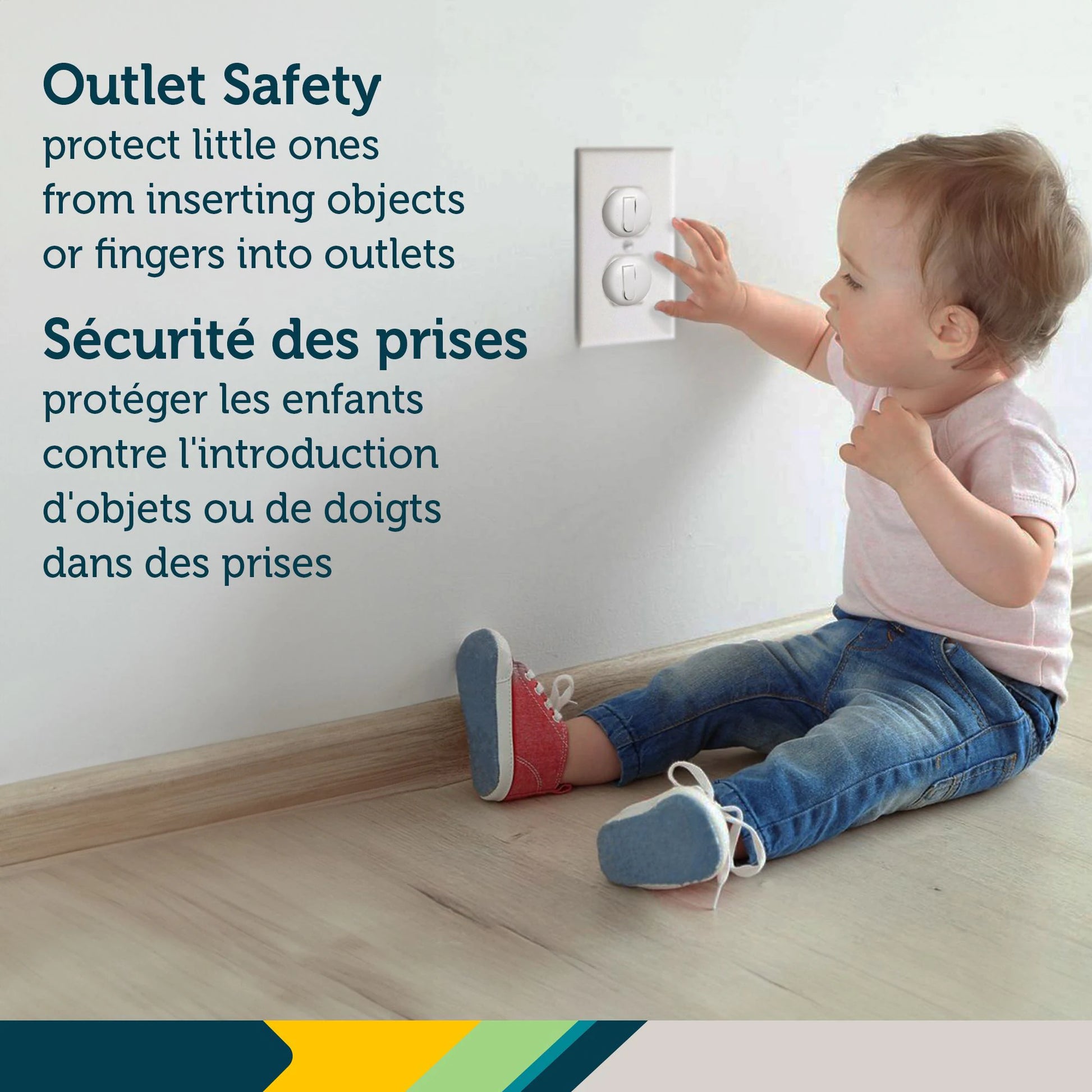 Child reaching for a wall outlet with safety text overlay