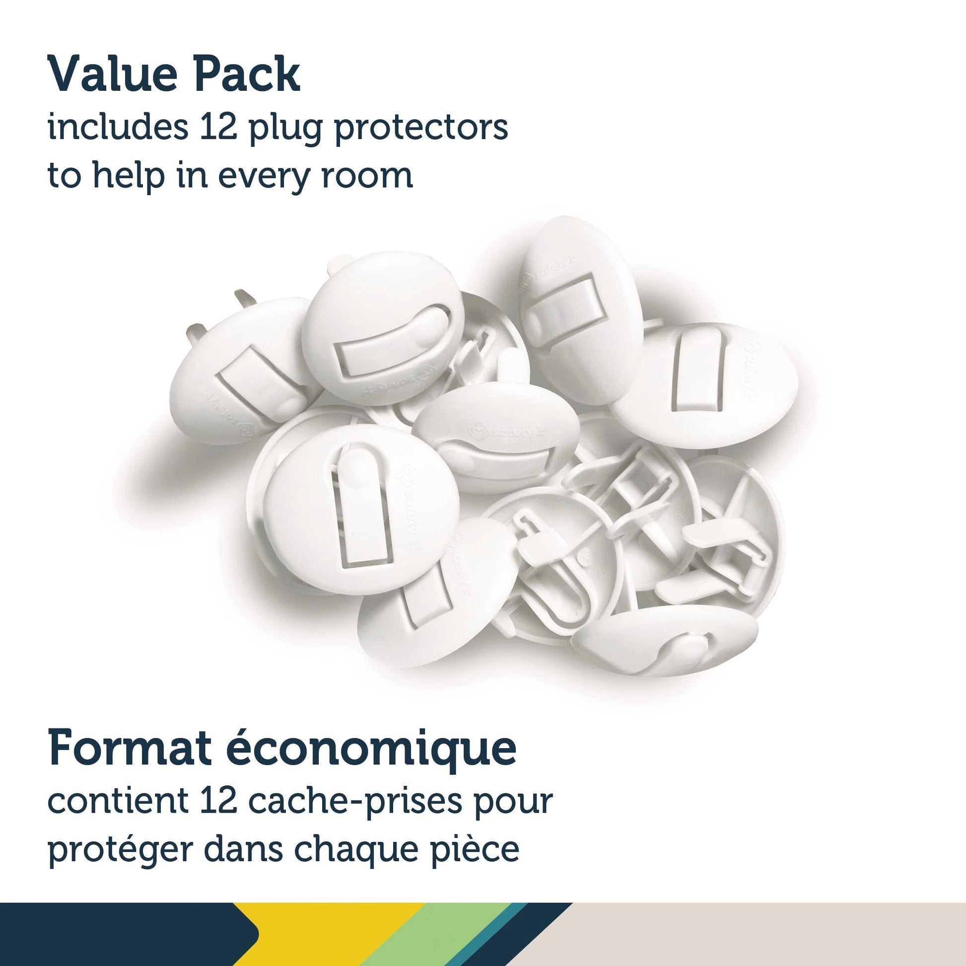 Packaging of 12 white plug protectors with text indicating a value pack.