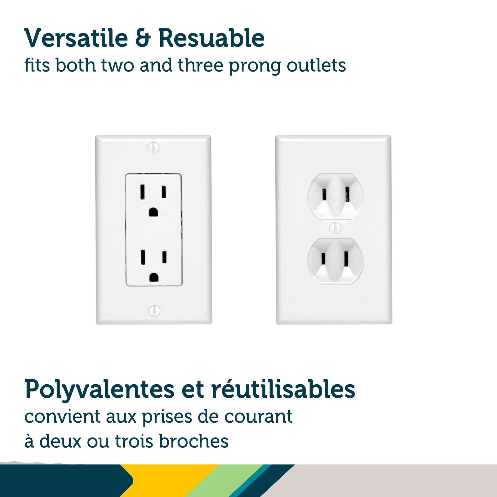 Two electrical outlets with text indicating versatility and reusability.