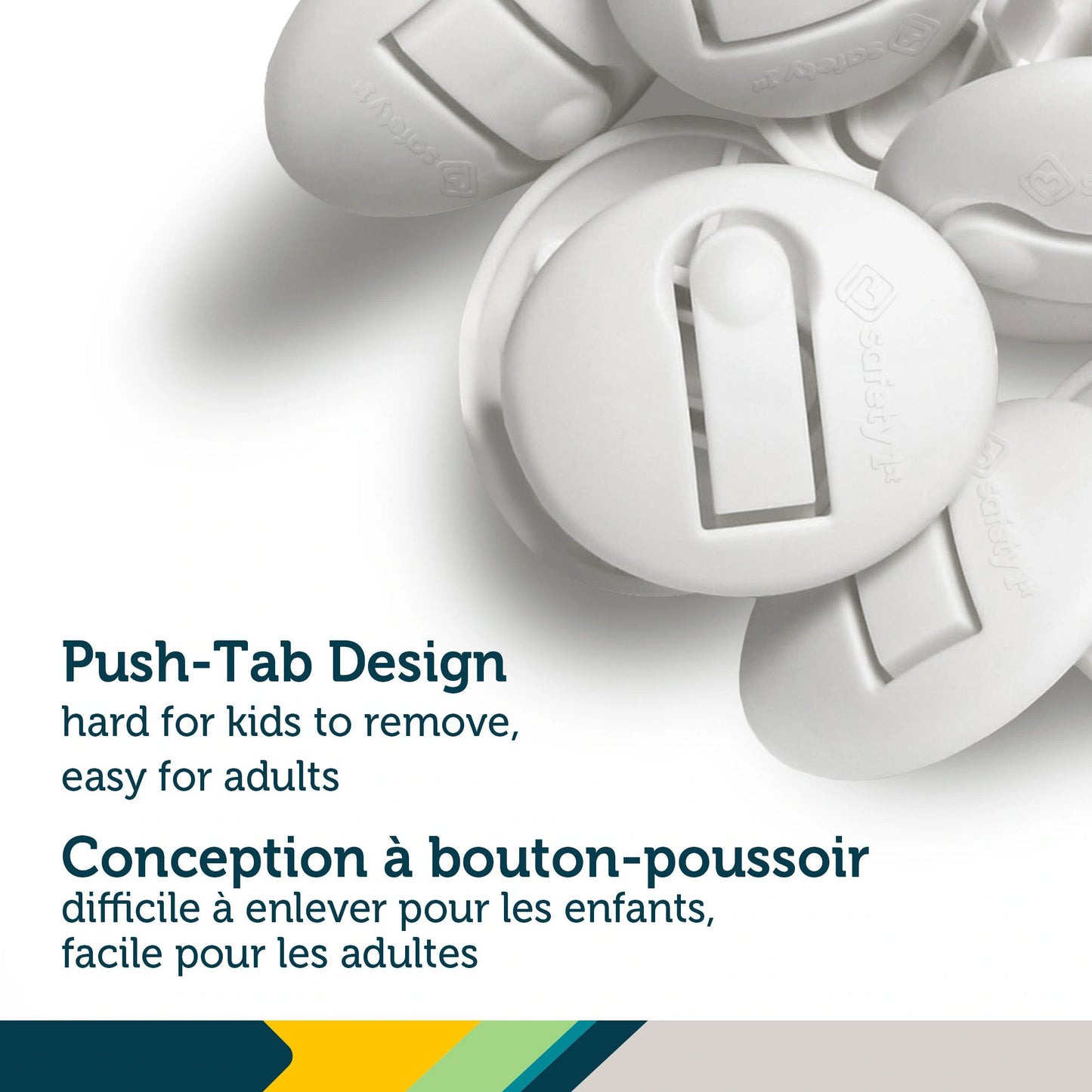 Close-up of Safety 1st Secure Press white outlet plug protectors in a 12-pack retail blister card with push-tab design.
