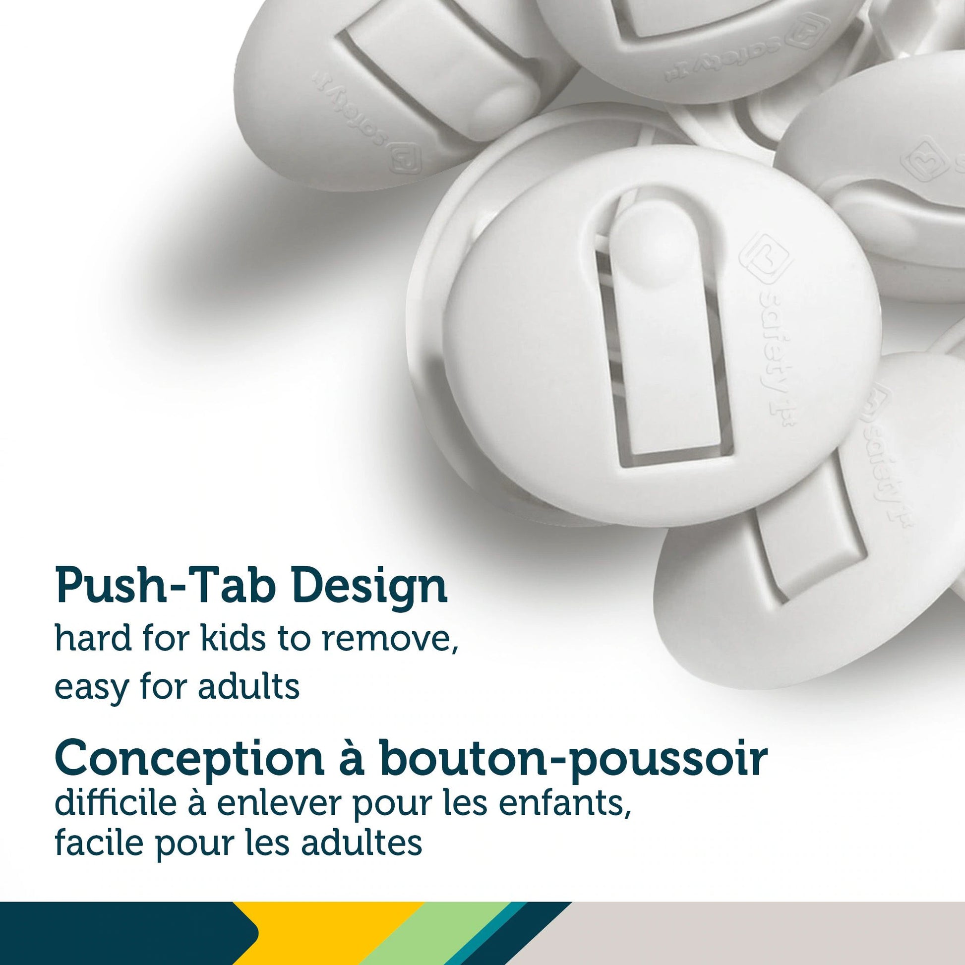 Close-up of Safety 1st Secure Press white outlet plug protectors in a 12-pack retail blister card with push-tab design.