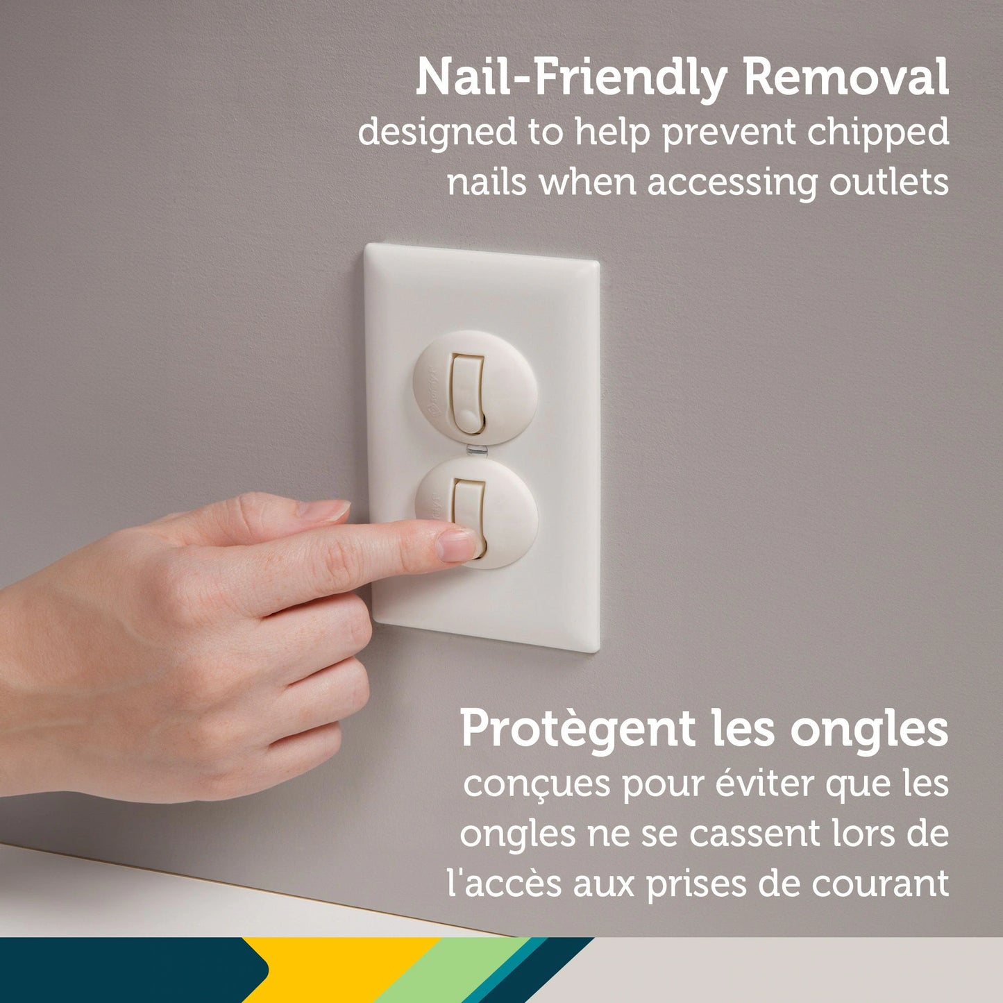 Hand reaching to press a light switch with text about nail-friendly removal.