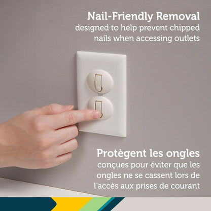 Hand reaching to press a light switch with text about nail-friendly removal.