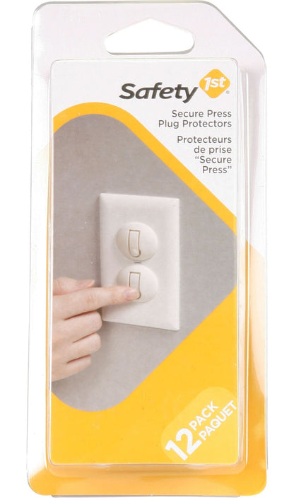 Safety 1st Secure Press white outlet plug protectors in a 12-pack retail blister card.