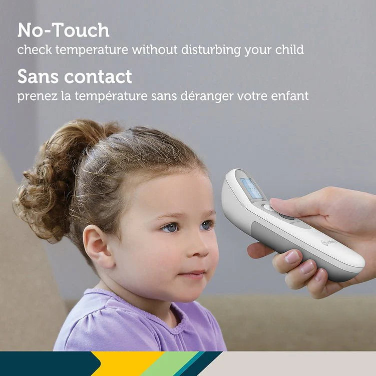 Child being checked with a no-touch thermometer by an adult hand, with text about temperature checking without disturbing the child.