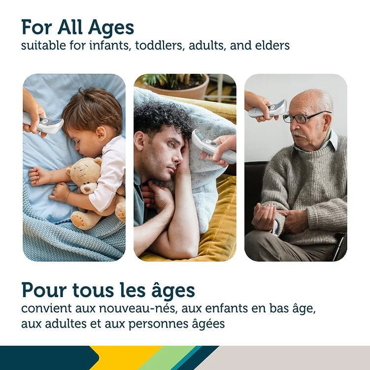 Product advertisement showing its suitability for all ages with images of a baby, child, adult, and elderly person using the product.
