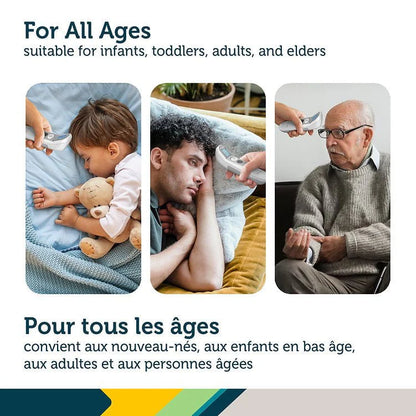 Product advertisement showing its suitability for all ages with images of a baby, child, adult, and elderly person using the product.