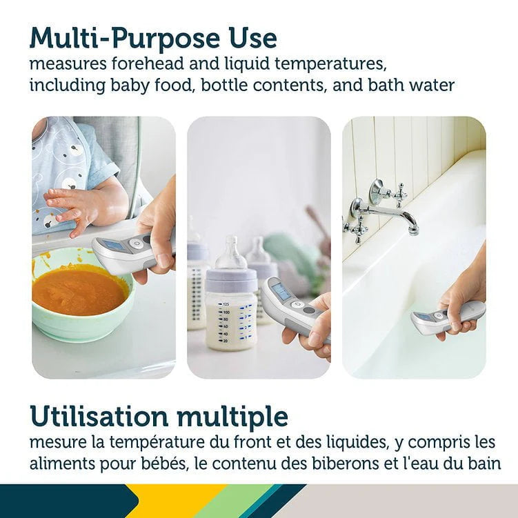 Multifunctional temperature measurement device being used with baby food, bottle, and bath water.