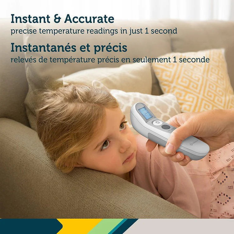 Child lying on a couch with a digital thermometer held by an adult, with text about temperature readings.