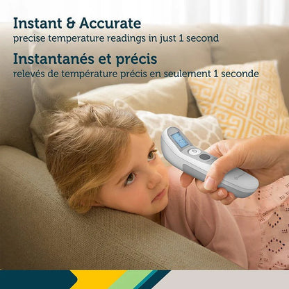 Child lying on a couch with a digital thermometer held by an adult, with text about temperature readings.