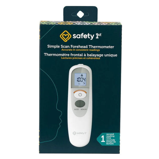 Safety 1st Simple Scan Forehead Thermometer, a white digital no-touch thermometer with a backlit display screen.