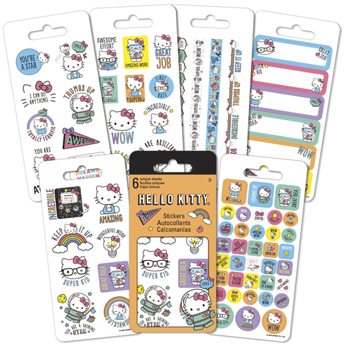 Six sheets of officially licensed Sanrio Hello Kitty reward stickers featuring motivational quotes and holographic finishes.