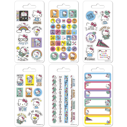 Collection of Hello Kitty-themed stickers in various designs on white backgrounds.