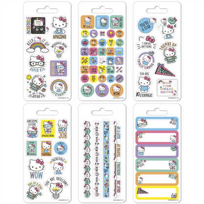 Collection of Hello Kitty-themed stickers in various designs on white backgrounds.