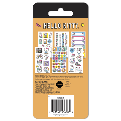 Hello Kitty sticker pack with colorful designs on a brown backing