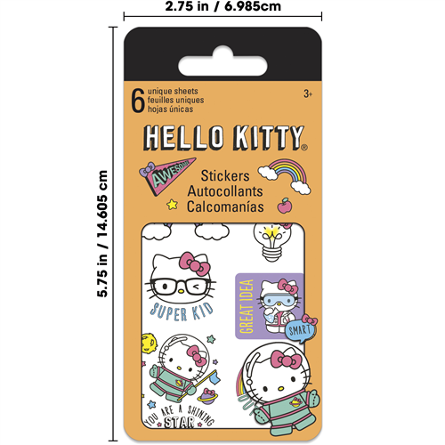Hello Kitty stickers packaging with dimensions on a white background