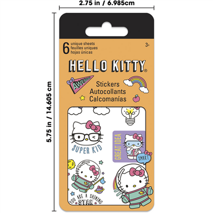 Hello Kitty stickers packaging with dimensions on a white background