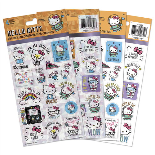Four sheets of officially licensed Sanrio Hello Kitty educational and reward stickers by Sandylion featuring motivational quotes.