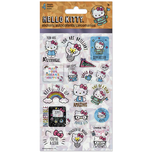 Hello Kitty stickers with motivational phrases on a clear background