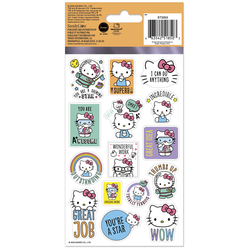 Sheet of Hello Kitty motivational stickers with various phrases on a white background
