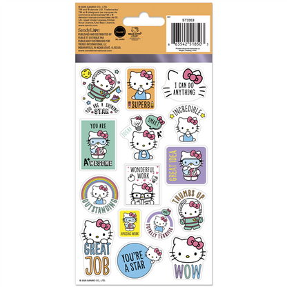 Sheet of Hello Kitty motivational stickers with various phrases on a white background