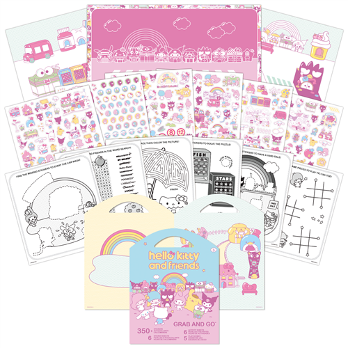 Sandylion Sanrio Hello Kitty and Friends Grab and Go activity set with stickers, play scenes, and coloring sheets.