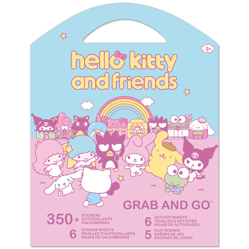 hello kitty and friends packaging with cartoon characters on a pink and blue background