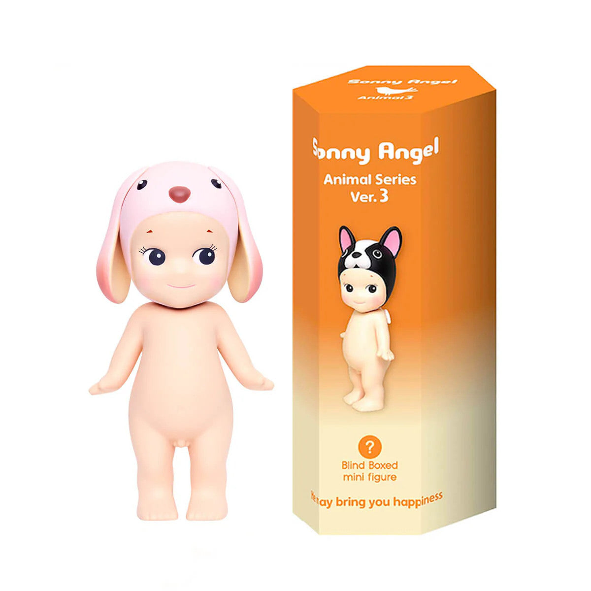 Toy figure with pink bunny ears next to its packaging on a white background