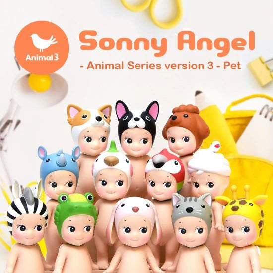 Collection of Sonny Angel Animal Series version 3 figurines with colorful animal hats on a white background.