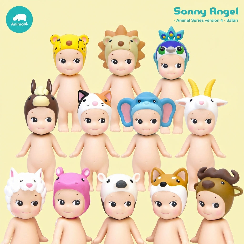 Collection of Sonny Angel animal-themed dolls on a yellow background