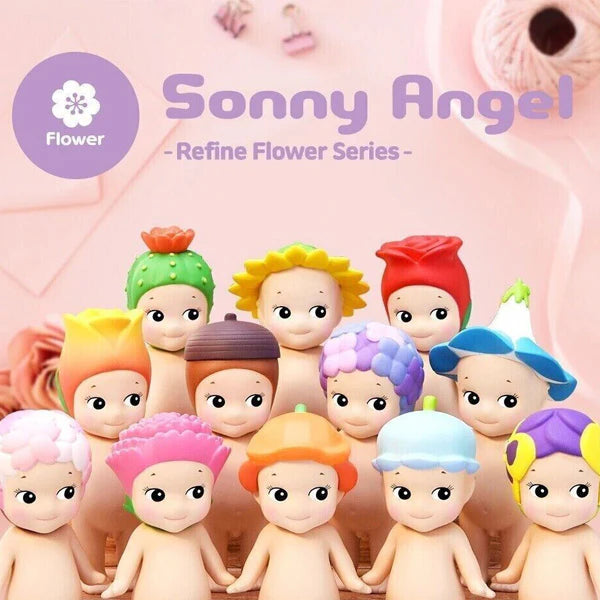 Collection of Sonny Angel figurines with colorful hair accessories on a pink background