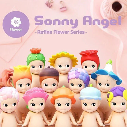 Collection of Sonny Angel figurines with colorful hair accessories on a pink background