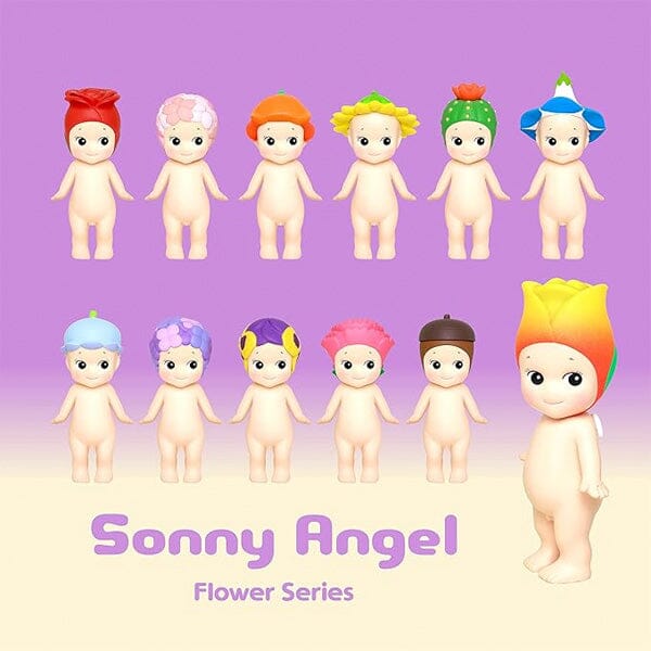 Set of Sonny Angel Flower Series dolls with colorful hair on a purple background