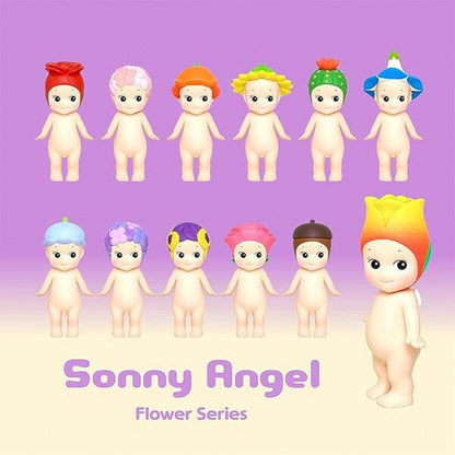 Set of Sonny Angel Flower Series dolls with colorful hair on a purple background