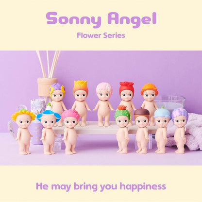 Sonny Angel Flower Series dolls with colorful hair on a purple background
