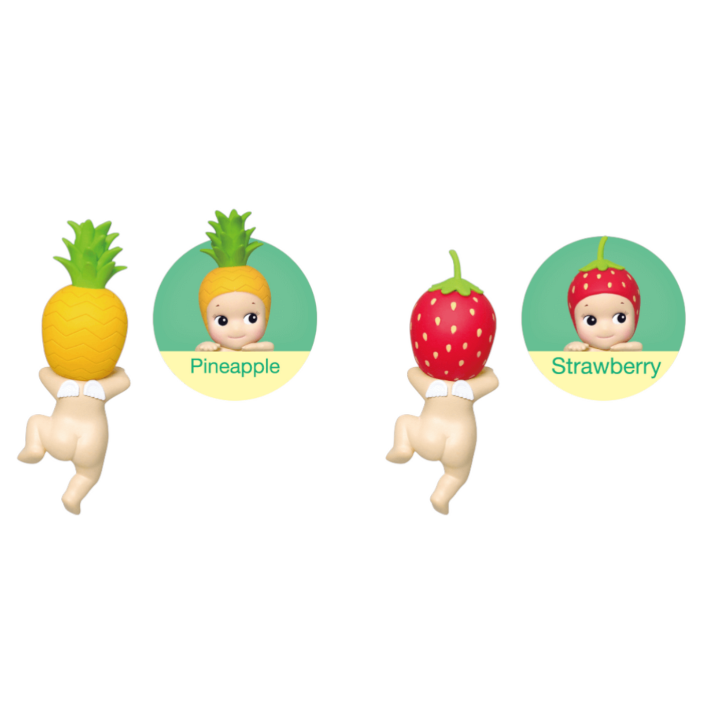 Two baby figurines, one with a pineapple head and the other with a strawberry head, on a white background.