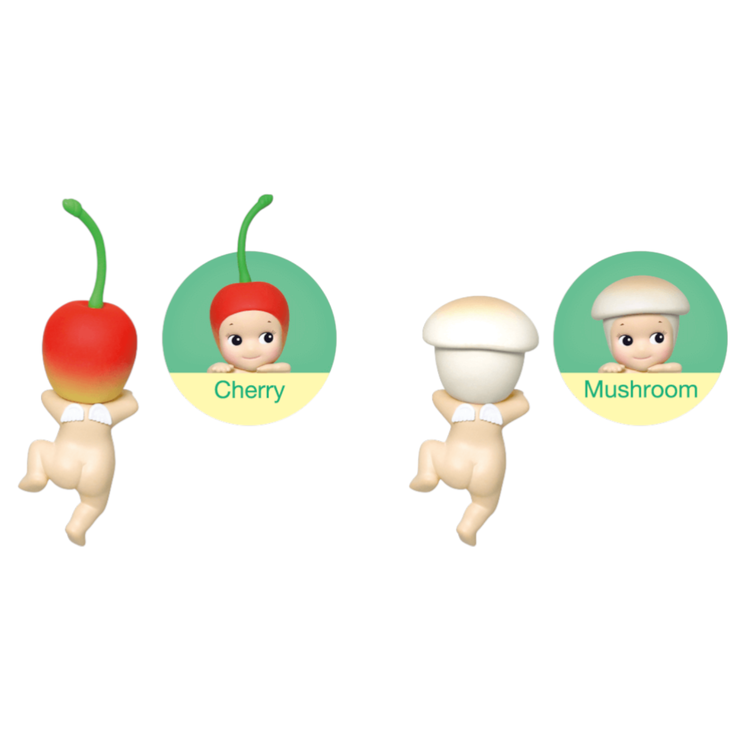 Two baby figurines, one shaped like a cherry and the other like a mushroom, on a white background.