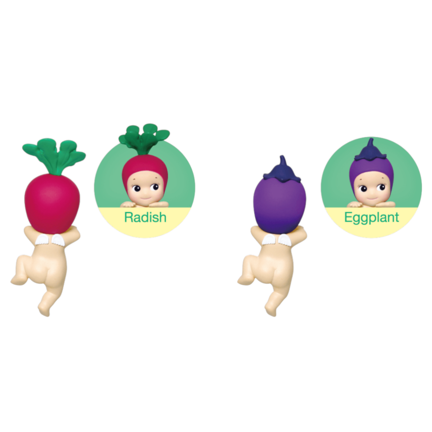 Two toy figures resembling a radish and an eggplant with faces on a white background.