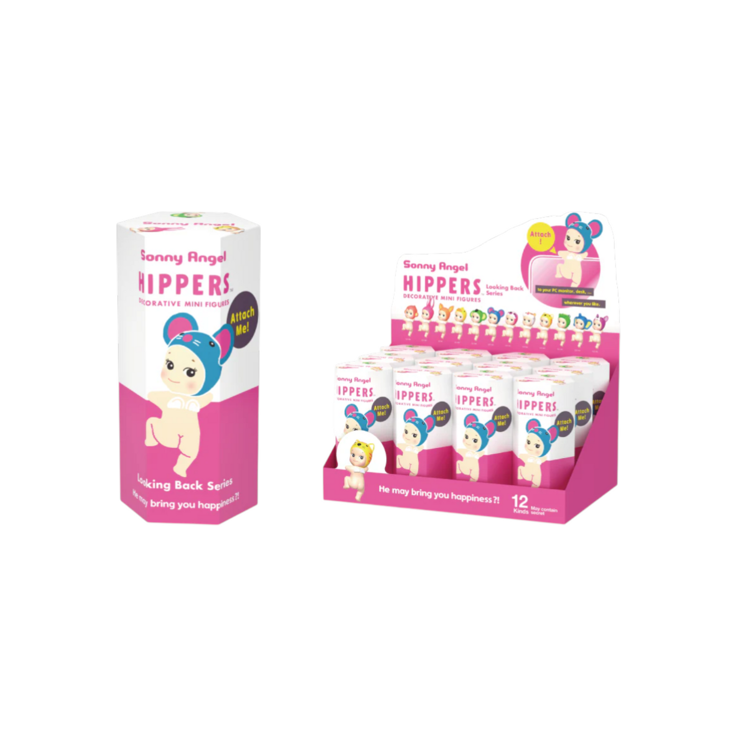 Sonny Angel Hippers Looking Back Series blind box packaging and countertop display with multiple boxes