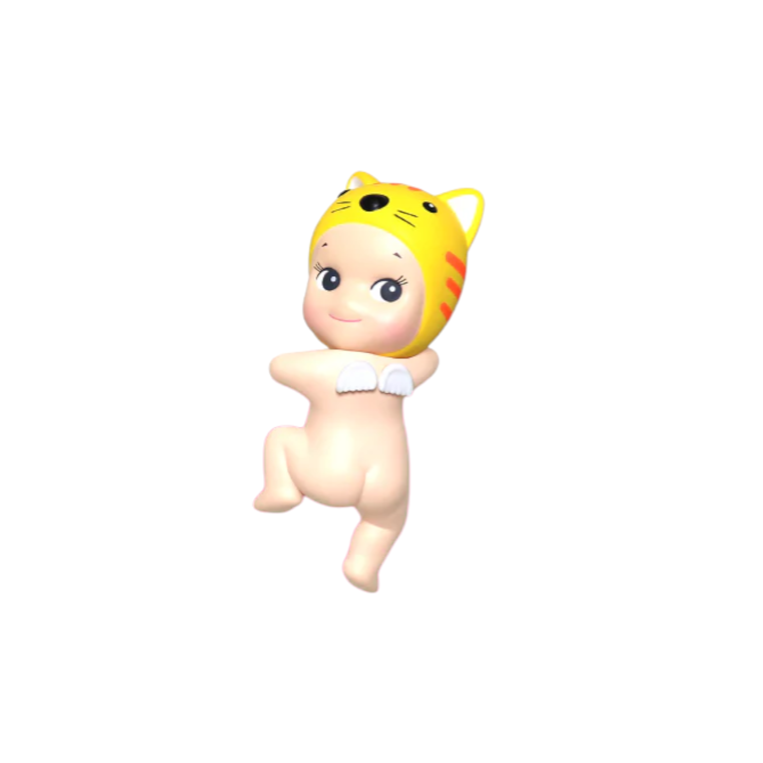Toy figure of a baby with a yellow cat hat on a white background