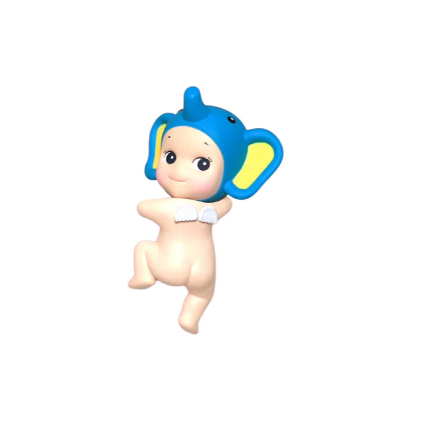 Toy figure of a baby with a blue elephant hat on a white background
