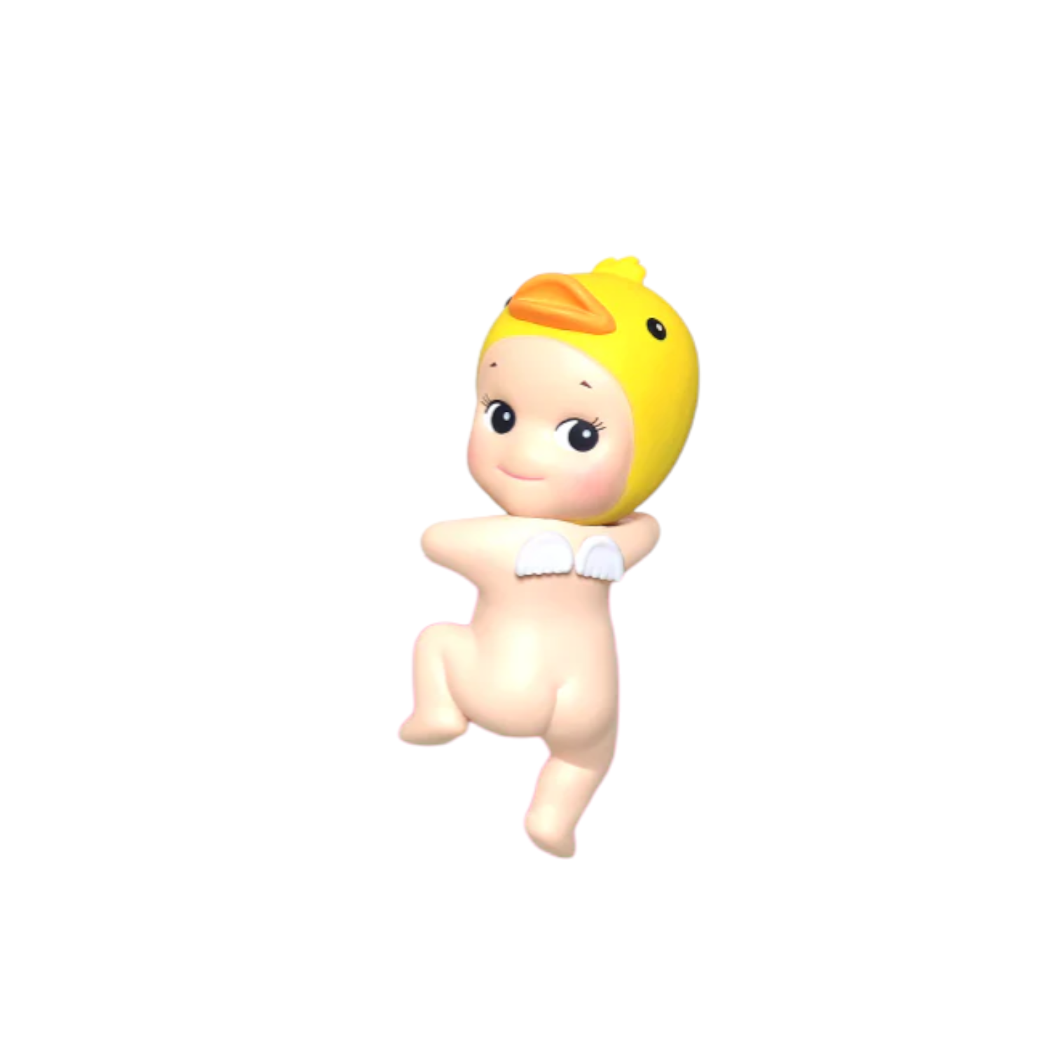 Toy figure of a baby with a yellow duck head on a white background