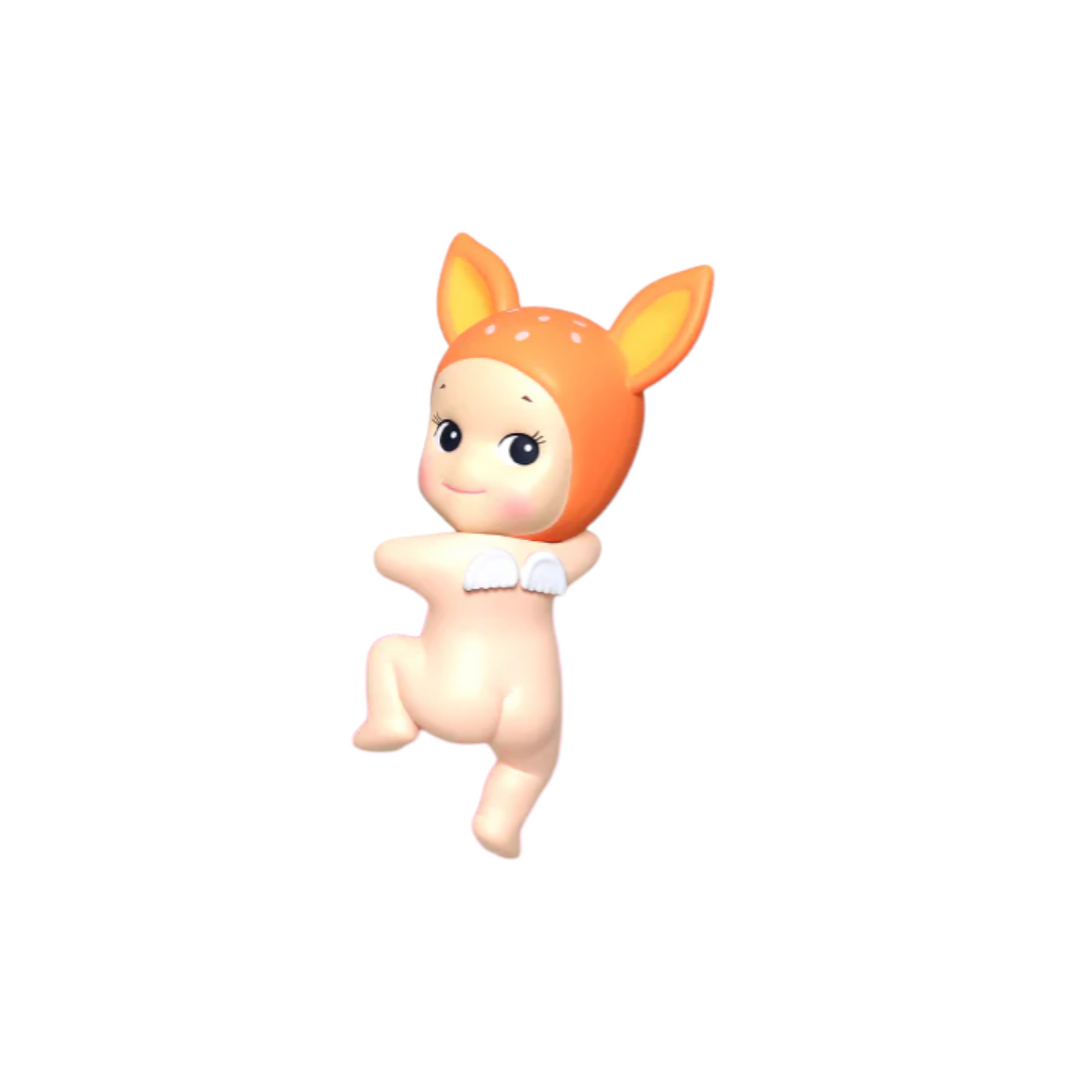 Toy figure of a baby with fawn cap on a white background
