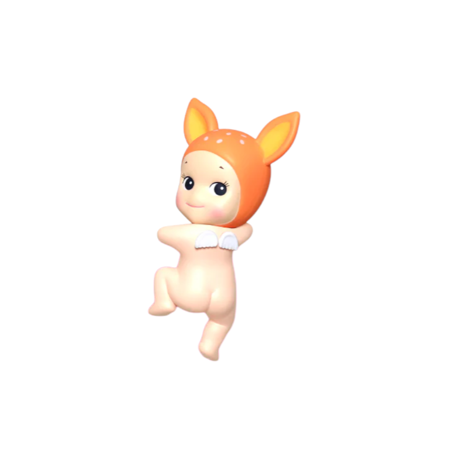 Toy figure of a baby with fawn cap on a white background