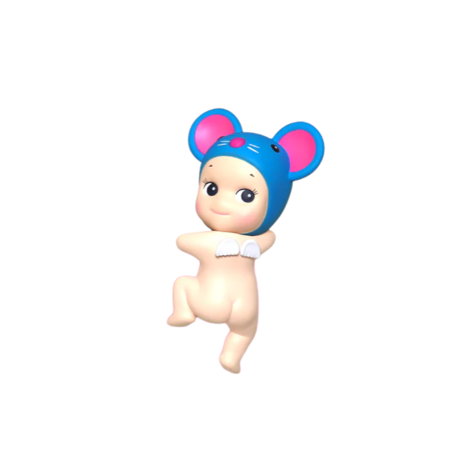 Toy figure of a baby with blue mouse ears on a white background